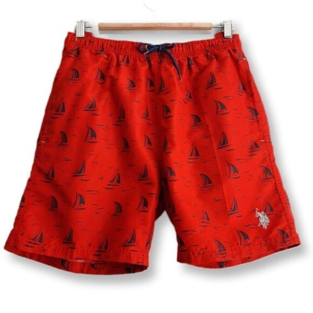 U.S. POLO Assn. Swim Trunks Board Shorts Sail Boat Print Red Men's Sz M